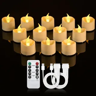 cimetech 12er Led Teelichter Wiederaufladbar mit Timer Fernbedienung LED Kerzen Aufladbar Flackernd mit 2 x 6-Port USB-C Kabel für Zuhause, Zimmer, Tisch, Halloween Weihnachtsdeko