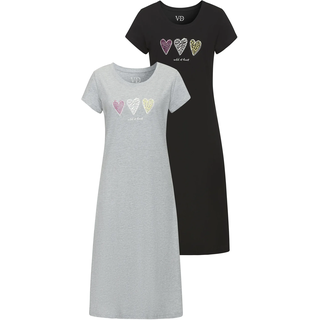 Nachthemd VIVANCE DREAMS, Damen, Gr. 40/42, N-Gr, grau (grau, schwarz), Single Jersey, Obermaterial: 90% Baumwolle, 10% Polyester. Oberteil: 100% Baumwolle, bedruckt, Basic, ca. Mitte Oberschenkel, Rundhals, angeschnitten, Kleider Nachthemd, mit schönem Herzen-Frontprint, Topseller