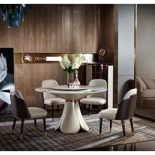 Esstisch 6x Stühle Esszimmer Leder Tisch Stuhl Rund Modern Design Möbel Luxus