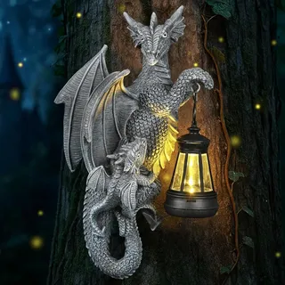IDEA SHOW Drachen Figuren mit Solarlampen Baumstamm Gartendeko für Draußen: Lustige Drachen Gartenfigur mit LED Solar-Lichterkette, Baumstamm Deko für Gartenzaun, Balkon & Hof, Grau