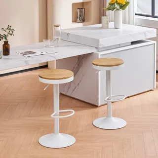 younike Barhocker 2er Set Holz Barstuhl Hoher Barhocker Metallrahmen 360° höhenverstellbar drehbar mit Fußstütze Industriell Weiß