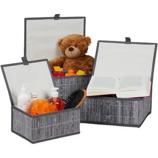 Relaxdays Aufbewahrungskorb 3er Set mit Deckel & Stoffeinsatz 33 x 26 x 15 cm grau