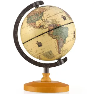 FANTASK Globus Englisch 14 cm, Drehbare Weltkugel mit Holzsockel im Retro Stil, Lern- und Dekoglobe für Schüler, Zuhause oder Büro, Braun