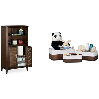 Relaxdays Badezimmerschrank Dunkelbraun LAMELL, Badschrank aus Bambus, Telefonschrank, HBT: 92 x 50 x 25,5 cm & Aufbewahrungskorb 3er Set, Stoffbezug, Bambus, rechteckig, Bad, Accessoires, braun