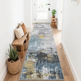 SOANNY Teppich Läufer, Kurzflor rutschfest 80x240 cm, Marineblau-Gold | Modern Abstrakt, Superweich, Waschbar, Pflegeleicht, Für Flur Korridor Küche Treppe Bettumrandung Wohnzimmer Schlafzimmer
