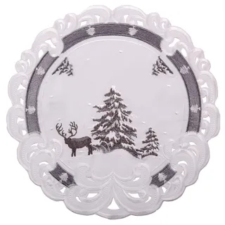Quinnyshop Weihnachtsdeckchen - Bestickt mit Hirsch und Tanne Motiv Leinenoptik Polyester Grau-Weiß ca. 30 cm Rund