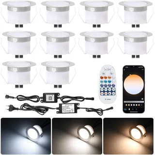 10er WIFI Smart Dimmbar 3000k-6000k Einbaustrahler 1W Bodeneinbauleuchten Arbeitet mit Alexa, Google Home, Ø45mm IP67 Wasserdicht LED Einbaustrahler Außen, timing function,mit Fernbedienung