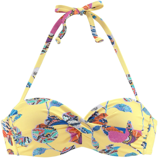 Bügel-Bandeau-Bikini-Top SUNSEEKER "Jam", Damen, Gr. 36, Cup A, bunt (gelb, bunt), Microfaser, bedruckt, floral, Bikini-Oberteile Bügel-Bandeau-Bikini-Top, mit Wickeloptik