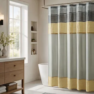 Madison Park Amherst Badezimmer-Duschvorhang, Kunstseide, gestreift, modern, Mikrofaser, 183 x 183 cm, Gelb