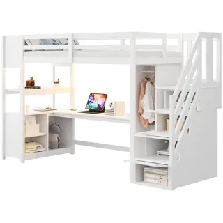 Flieks Hochbett 90x200cm Holz Schreibtisch Schrank LED Stauraum Weiß , 90x200 cm , Babymöbel & Kindermöbel, Kinderzimmer & Jugendzimmer, Kinderbetten, Hochbetten