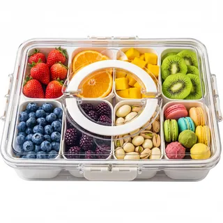 Snackbox mit 8 Fächern und Deckel - Tragbare Snackschale mit Griff, Luftdicht, Spülmaschinenfest & BPA-frei. Transparenter Snackteller für Obst, Nüsse, Süßigkeiten, Picknick, Reise & Party (Creamweiß)