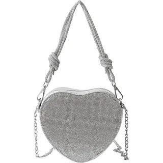 CORIOS Damen Herzform Abendtasche Strass Clutch Tasche Abnehmbarer Kette Handtasche Glitzer Schultertasche Elegant Umhängetasche Klein Tasche für Abendparty Hochzeit Silber