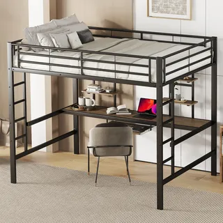 Flieks Hochbett mit Schreibtisch, Bücherregalen &Tastaturablage, Etagenbett 140x200cm mit Rausfallschutz, Metallbett mit Lattenrost & Leiter, Schwarz - Schwarz