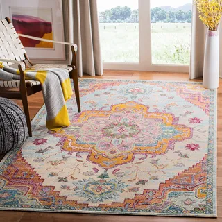 SAFAVIEH Boho Teppich für Wohnzimmer, Esszimmer, Schlafzimmer - Crystal Collection, Kurzer Flor, Hellblau und Fuchsia, 91 X 152 cm