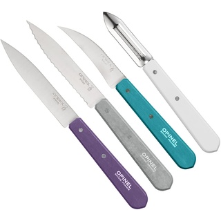 Opinel Küchenmesser, Essentials, 4-teilig, rostfrei, farbige Buchenholzgriffe Messer-Set, Edelstahl, Violett/Silber/Türkis/Weiß, 19.5 x 2 x 1 cm, 4-Einheiten