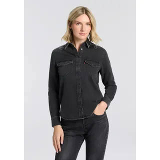 Jeansbluse LEVI'S "ESSENTIAL WESTERN", Damen, Gr. XS (34), bejewled western, Denim/Jeans, Obermaterial: 100% Baumwolle, Basic, figurbetont hüftbedeckend, eckige 1-Knopf-Manschette mit Schlitz, Blusen Jeansbluse, mit Brusttaschen mit Druckknöpfen