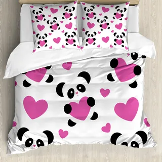 ABAKUHAUS Liebe Bettbezug, Love Pandas Herzen, Milbensicher Allergiker geeignet mit Kissenbezügen, 200 cm x 200 cm - 80 x 80 cm, Fuchsia Schwarz Weiß - Schwarz