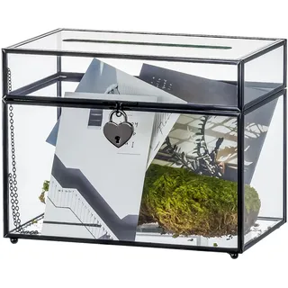 NCYP 25x14,2x19,8 cm Hochzeitskartenbox mit Schlitz und Schloss, Schwarze Glas Umschlagbox mit Deckel für Geburtstagsparty, Vintage Rechteckige Tafelaufsatz Dekoration(Glasbox und nur Schloss)