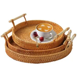 Rattan Rundes Serviertablett mit Griffen 3er-Set,Handgewebtes Rattan Tablett Wicker Tablett, Gewebte Brotkorb Obstkörbe,Rustikales dekoratives Tablett zum Servieren von Speisen,Crackern,Gebäck, Snacks