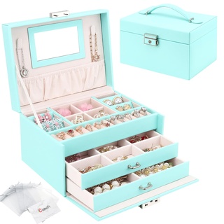 Schmuckkasten, Schmuckkästchen mit Schubladen für Damen Mädchen, PU-Leder Schmuckbox Schmuckschatulle Groß Schmuck Organizer für Ringe Ohrringe Armbänder Halsketten, Minzgrün