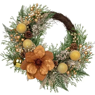 Weihnachtskranz Ø 60,9 cm – Handgefertigte Künstliche Türdekoration mit Kunstblumen, Christbaumkugeln & Tannenzweigen – Luxuriöse Weihnachtsdeko für Innen & Außen, Kupfer-Gold