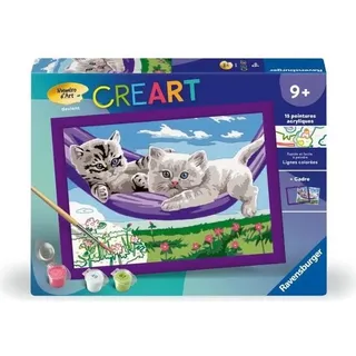 Malen nach Zahlen Set CreArt Kids Katzen im Hamac, 18x24cm, ab 9 Jahren, Ravensburger 25828, Mit Rahmen, 15 Farben