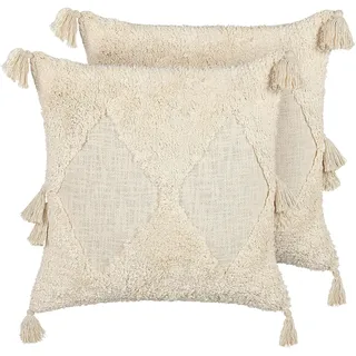 BELIANI Dekokissen 2er Set Hellbeige Baumwolle 45 x 45 cm Bezug mit Füllung Reißverschluss Geometrisches Muster Strukturiert Quasten Boho Wohnzimmer - Beige