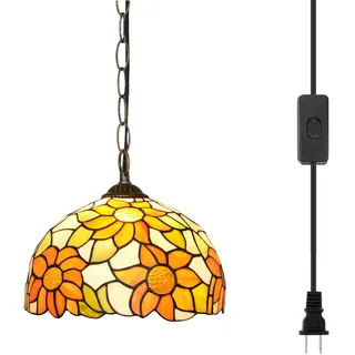 Tiffany Pendelleuchte 12 Zoll Gelbe Sonnenblume Buntglas Pendelleuchte Vintage Style Hängelampe für Home Decor Küche Insel Esszimmer Flur Bar