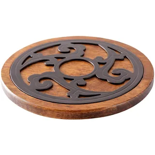 Topfuntersetzer, Topfunterlage aus Holz und Metall, Massivholz, Rund, Durchmesser 20 cm, hitzebeständig, nachhaltig, Untersetzer für Heiße Töpfe Pfannen Auflaufformen Teekanne, für Küche Esstisch