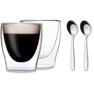 DUOS® Espressotassen Set 2x 80ml + 2x Löffel - Espresso Gläser, Espresso Tassen, Doppelwandige Gläser, Espressotasse, Espressotassen Glas, Thermogläser Doppelwandig Latte Macchiato Gläser Doppelwandig