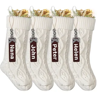 SOMYTING Weihnachtsstrumpf Personalisiert Gestrickte Strümpfe 18” Großer gestrickter Nikolausstrumpf mit Namensschildern Xmas Strümpfe für Party Weihnachten Deko (Weiß)