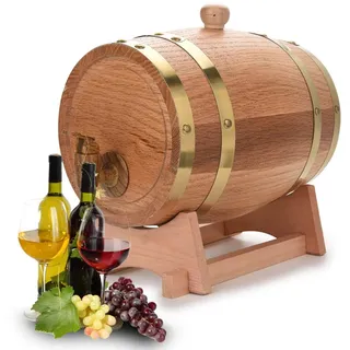 Holzfass, Eichenfass Whiskyfass, Fassförmiger Getränkespender 5L, Holzfass Dekanter mit Hahn, Alkoholspender ideal für Wein Whisky Bier Rum