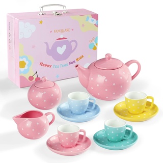 fanquare 12-teilig Porzellan Teeservice für Erwachsene, Kleine Mädchen, Rosa Blumen Kaffeeservice Set für Spielküche Kindergeschirr