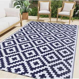 smiry Outdoor Teppich Wasserfest Balkon Camping Teppiche UV-beständig Waschbar Außenteppich Draussen Wendbarer für Terrasse, Garten, Wohnmobil - 120 x 180 cm, Marine Blau & Weiß