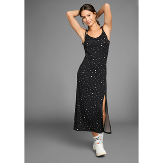Midikleid KANGAROOS, Damen, Gr. 48, N-Gr, schwarz-weiß (schwarz, weiß), Single Jersey, Obermaterial: 95% Viskose, 5% Elasthan, bedruckt, gemustert, gepunktet, Midi, tiefer Rundhals, Kleider Midikleid, mit Spaghetti-Trägern und Schlitz am Saum
