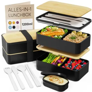 Umami Lunchbox Erwachsene, Auslaufsichere Bento Box mit Fächern und 4 Bestecke, Brotdose Erwachsene, Salatbehälter To-Go, Lunch Box für Picknick/Büro, Schwarz & Beige, 1200 ml