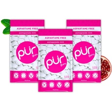 Pur Gum | Zuckerfreier Kaugummi | 100% Xylit | Vegan, Aspartamfrei, Glutenfrei & Diabetikerfreundlich | Natürlicher Kaugummi Mit Pomegranate Mint Geschmack, 55 Stück (3er Pack)