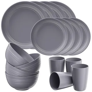 Quatish Kunststoff Geschirrset aus PP, Unzerbrechliches Camping Geschirr Set für 4 Personen, 16PCS Wiederverwendbare Tafel-Set für Kinder und Erwachsene, Geschirrspüler Mikrowelle Sicher, Dunkelgrau