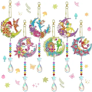 AUAUY 6 PCS Diamond Painting Kristall Sonnenfänger Windspiel Set, 5D DIY Doppelseitige Diamond Painting Schlüsselanhänger Kristall Hängender Ornament für Erwachsene