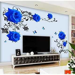 COVPAW® Wandtattoo Wandaufkleber XXL Blau Rosen Blumen Ranke Wandsticker Wandbild Bilder Wohnzimmer Schlafzimmer Deco