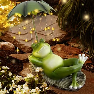 Vmxlso Deko Frosch für Draußen, Solar Frosch Gartendeko, Frosch Deko Garten mit Wasserdicht Lichterketten Regenschirm, Lustige Frosch Statue, Frosch Figur, Tier Garten Statue für Terrasse Rasen Teiche