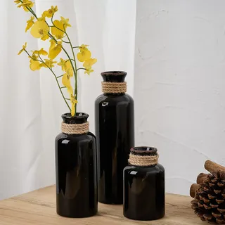 Keramik-Blumenvasen für Heimdekoration, rustikale ideale Regaldekoration, Tischdekoration, 3er-Set, kleine Schwarze Vase für Dekoration, Heimdekoration (1010ABC schwarz, 10+7.5+5 Zoll)