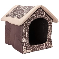 HobbyDog Hundehaus Hundehütte für mittelgroße Hunde - Katzenhaus, Katzenhöhle - mit herausnehmbarem Dach - Tierhaus für Katzen und Hunde für Drinnen/Indoor 44 x 38 x 45 cm [M] Braun mit Text