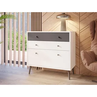 Forte HARLLSON, einfache Montage Dank EasyKlix by Kommode Weiß mit Uni Wolfram Grau, Sideboard mit 3 Schubladen, hohe Holzfüße, skandinavischer Stil, Retro 90 cm breit x 86 cm hoch x 41 cm tief