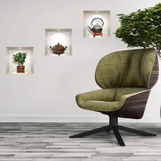 3D-Wandtattoo, selbstklebend, 3D-Effekt, Pflanze und Teekanne, alte japanische Teekanne, Wandtattoo, Schlafzimmer, Wandaufkleber, 3D-Deko, Wohnzimmer, Wandaufkleber, Trompe, Auge, 40 x 120 cm