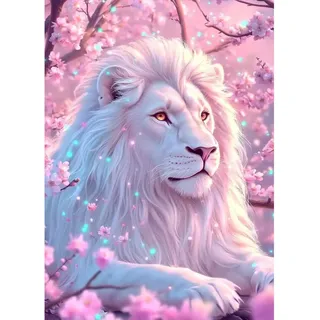 MAXBYE Diamond Painting Erwachsene, 5D Diamond Art Komplett Set DIY Weißer Löwe Diamant Bilder Anfänger, Rosa Blumen Runde Diamant Bilder Kristall Kreuzstich Für Heimdekoration Geschenk 30x40cm