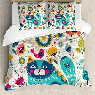 ABAKUHAUS Katze Bettbezug Set, Katze-Figur mit Vögeln Blumen-Blatt-Baum-Schmetterlings-Frühlings-aufwändigen Illustration, 200 x 200 cm + 80 x 80 cm, Mehrfarbig