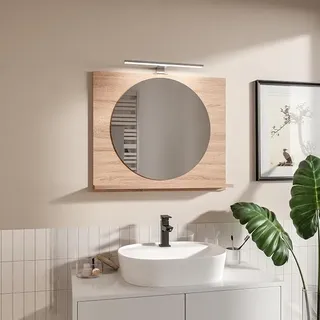 Badspiegel mit Beleuchtung und Ablage Eiche Sonoma H:60 x B: 70 cm Rund Spiegel ?55 cm Bathroom Mirror Moderner Badezimmer Spiegel Rechteckig Wandspiegel mit Regal - Braun