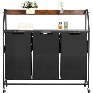 VEVOR Wäschekorb Wäschesortierer mit 3 Fächern (600D Oxfordstoff) & Holztischplatte, Wäschesammler auf Rollen mit Leiterregalen, Wäschetrenner Wäsche-Sortiersystem für schmutzige Kleidung