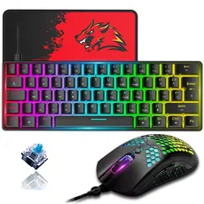 ZIYOU LANG T60 60% Mechanische Gaming-Tastatur Und -Maus [UK-Layout] – RGB-Beleuchtung, Typ C, Ergonomische Mini-Tastatur – 12000 DPI, USB-Wabenmaus, PC-Computer – Schwarz + Blauer Switch